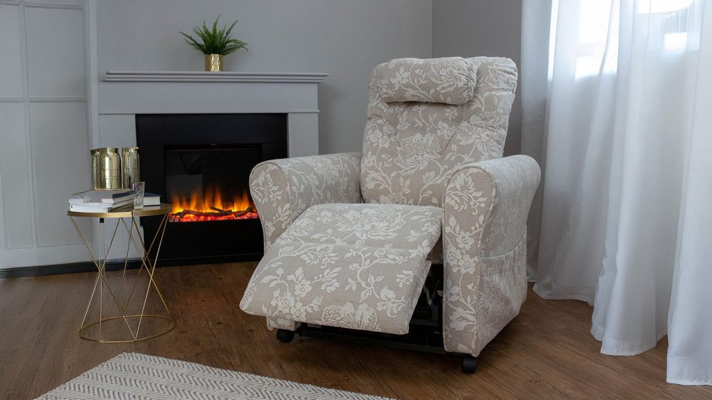 Product shot of a vacant riser recliner chair, in an “adjusted” position