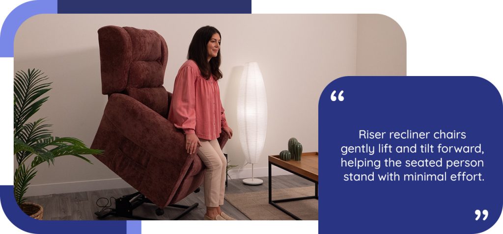 Riser recliner chairs gently lift and tilt forward, helping the seated person stand with minimal effort