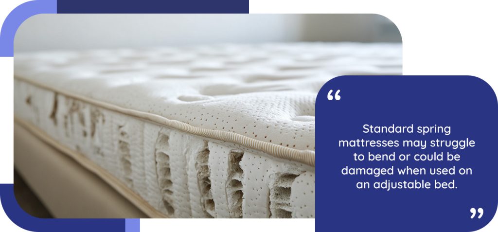 Standard spring mattresses may struggle to bend or could be damaged when used on an adjustable bed