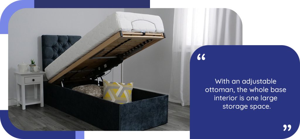 With an adjustable ottoman, the whole base interior is one large storage space